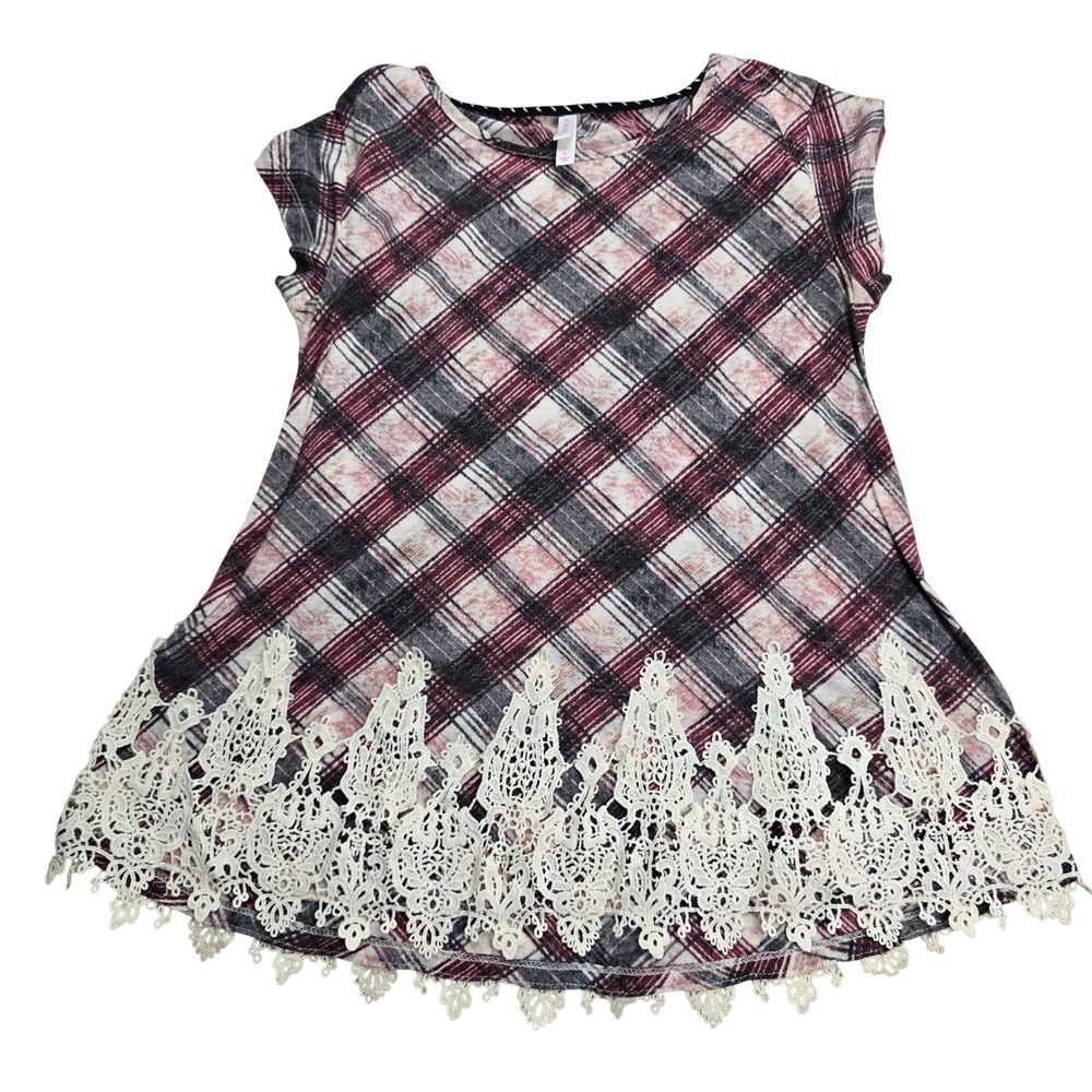 Xhilaration Plaid Tunic Top Womens Small Burgundy Black Lace Boho Hem